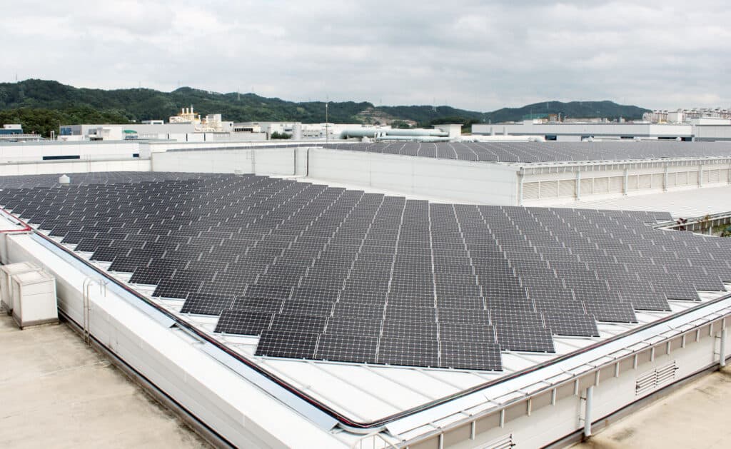 bifacial solar panels on roof on building. 