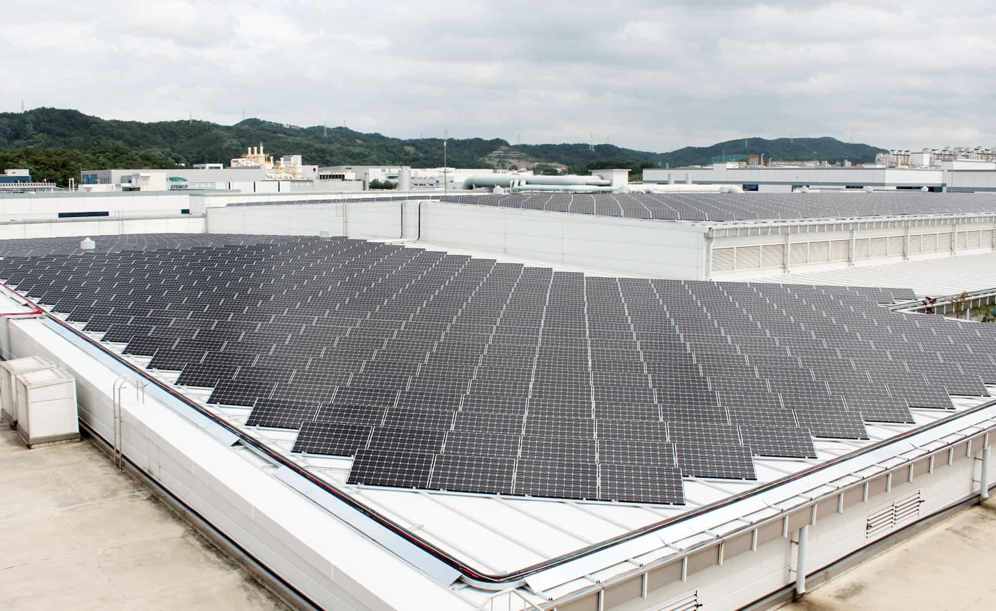 bifacial solar panels on roof on building.